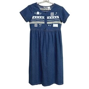 Erika & Co Denim Dress Womens M Vintage Cottagecore Embroidered Modest Farmhouse